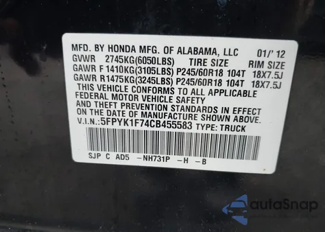 2012 Honda Ridgeline Sport from USA, damaged, VIN 5FPYK1F74CB455583